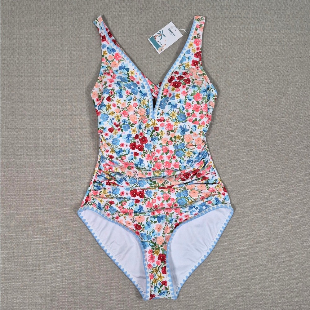 B2PRITY Women Floral One Piece Swimsuit Ruched Tummy Control V-Neck Size‎ M NWT